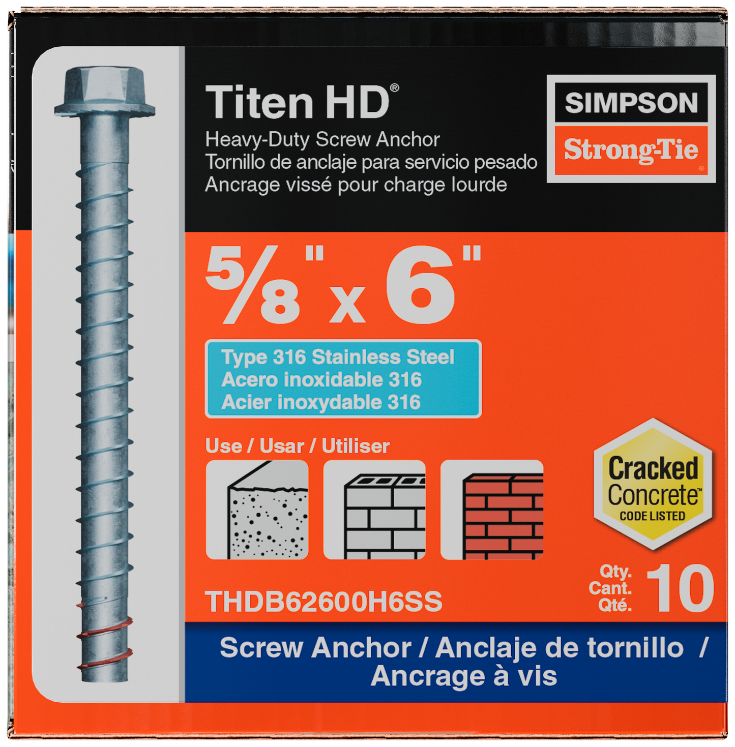 Simpson Strong-Tie THDB62600H6SS Titen HD® 5/8 in. x 6 in. Type 316 Stainless-Steel Heavy-Duty Screw Anchor (10-Qty) (Pack of 4)