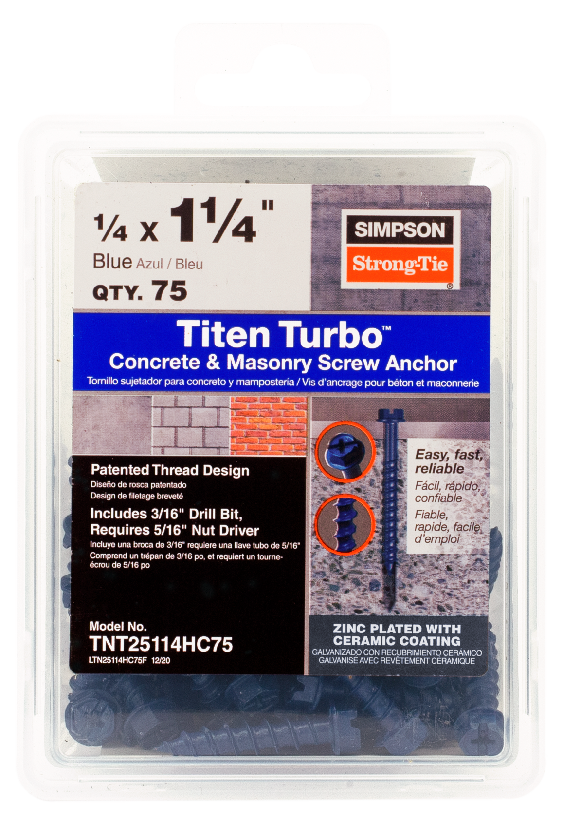 Simpson Strong-Tie TNT25114HC75 Titen Turbo™ — 1/4 in. x 1-1/4 in. Hex-Head Concrete and Masonry Screw, Blue (75-Qty) (Pack of 4)