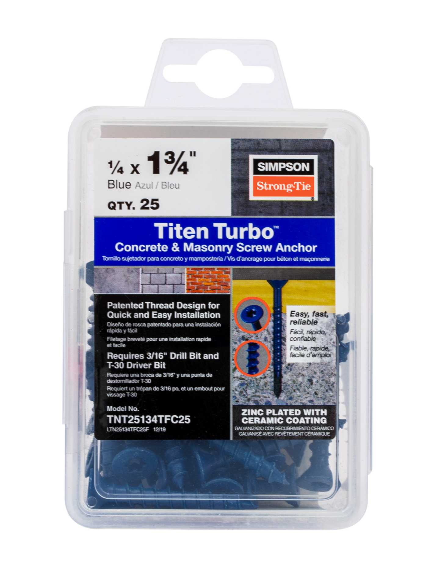 Simpson Strong-Tie TNT25134TF Titen Turbo™ — 1/4 in. x 1-3/4 in. 6-Lobe Flat-Head Concrete and Masonry Screw, Blue (100-Qty)