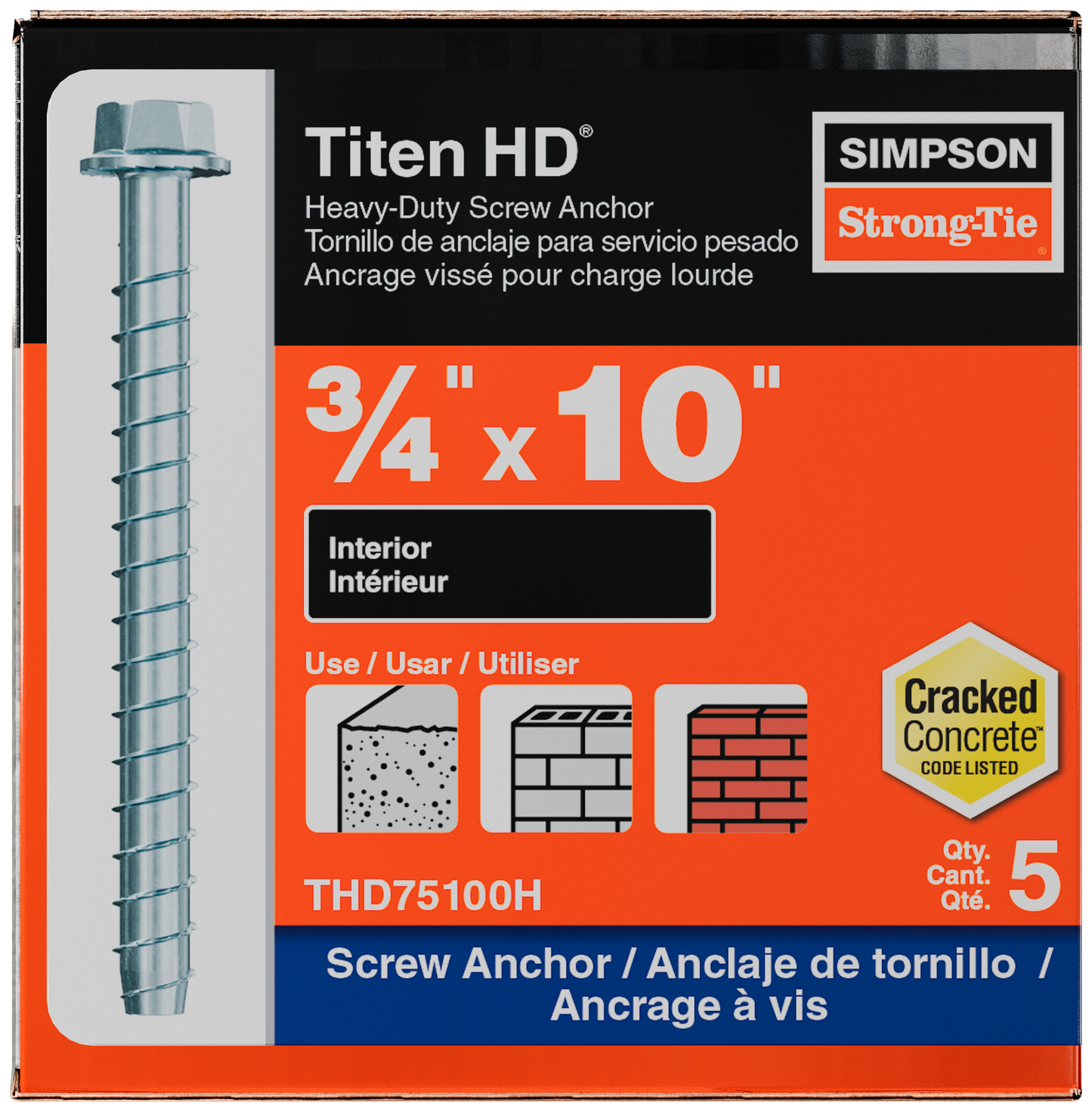 Simpson Strong-Tie THD75100H Titen HD® 3/4 in. x 10 in. Heavy-Duty Screw Anchor (5-Qty) (Pack of 2)