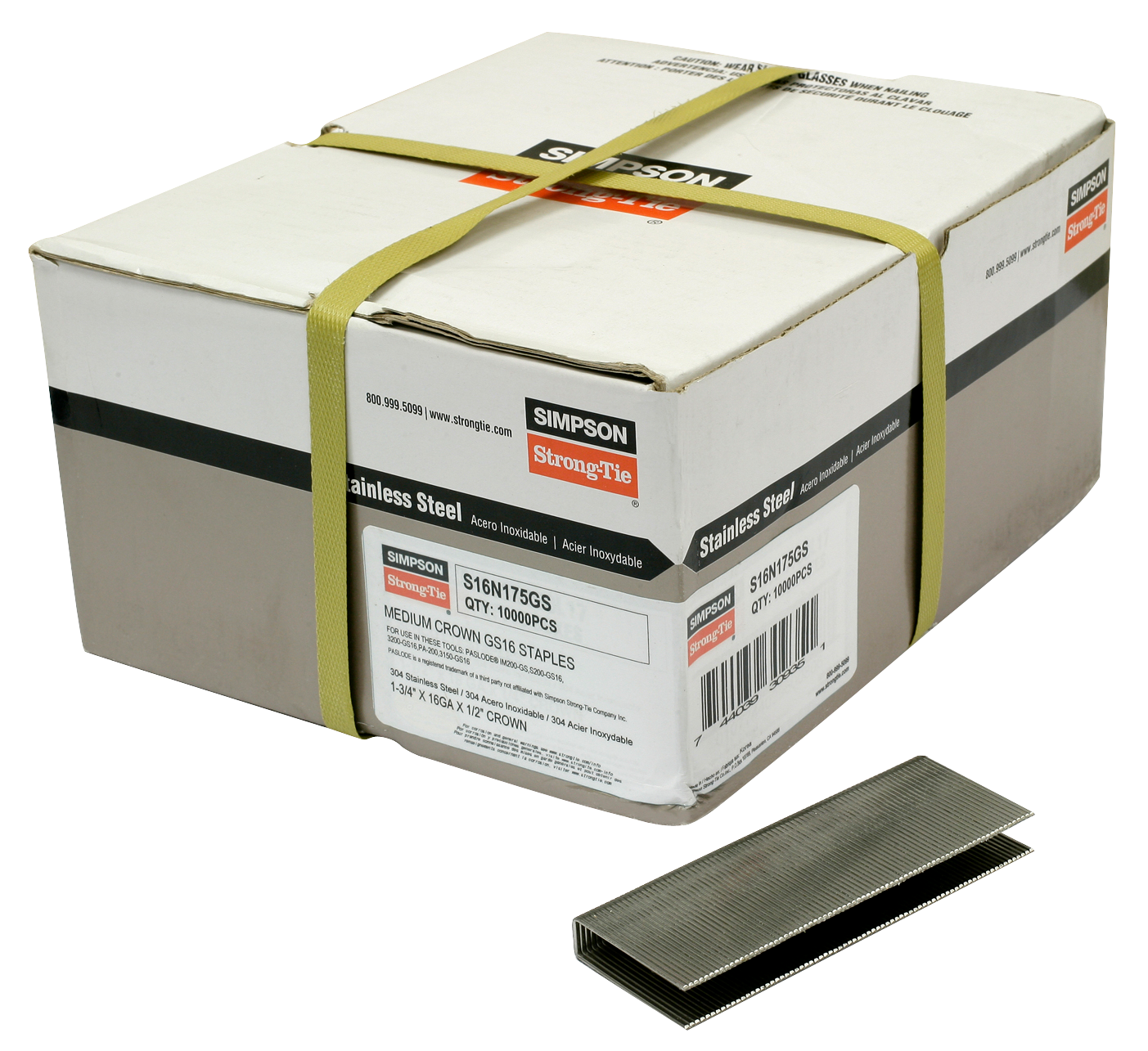 Simpson Strong-Tie S16N175GS 1/2-in. Crown, 16-Gauge Staples — 1-3/4 in. Type 304 Stainless Steel (10,000-Qty)