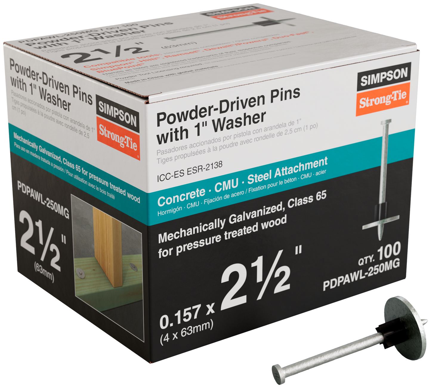 Simpson Strong-Tie PDPAWL-250MG PDPAWL .157 in. x 2-1/2 in. Mechanically Galvanized Powder-Actuated Pin w/ 1 in. Washer (100-Qty)