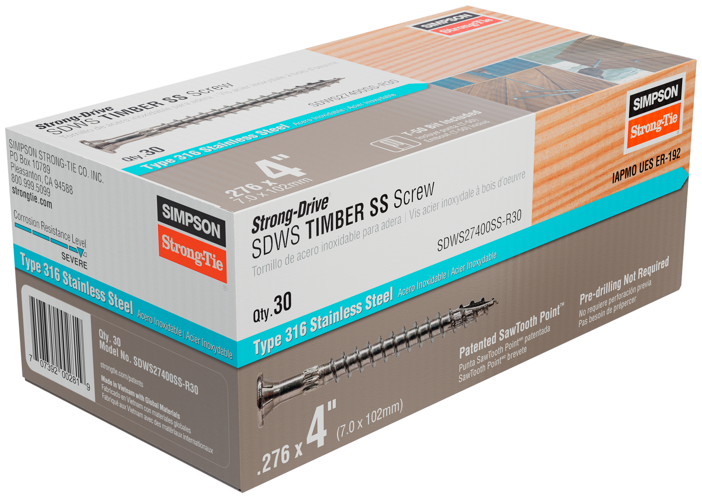 Simpson Strong-Tie SDWS27400SS-R30 Strong-Drive® SDWS™ TIMBER Screw — 0.275 in. x 4 in. T50, Type 316 (30-Qty) (Pack of 480)