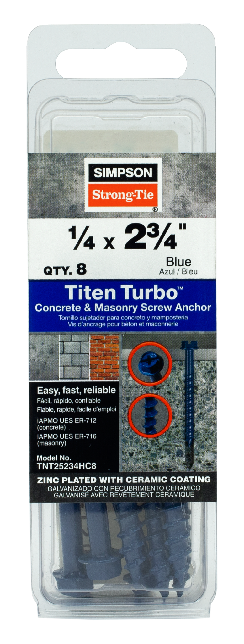 Simpson Strong-Tie TNT25234HC8 Titen Turbo™ — 1/4 in. x 2-3/4 in. Hex-Head Concrete and Masonry Screw, Blue (8-Qty) (Pack of 5)
