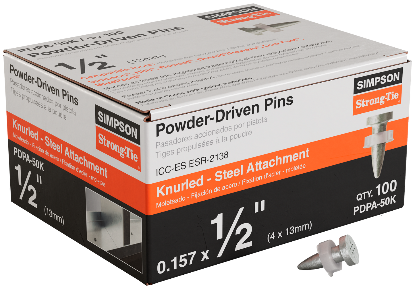 Simpson Strong-Tie PDPA-50K PDPA .157 in. x 1/2 in. Powder-Actuated Knurled Drive Pin (100-Qty) (Pack of 10)