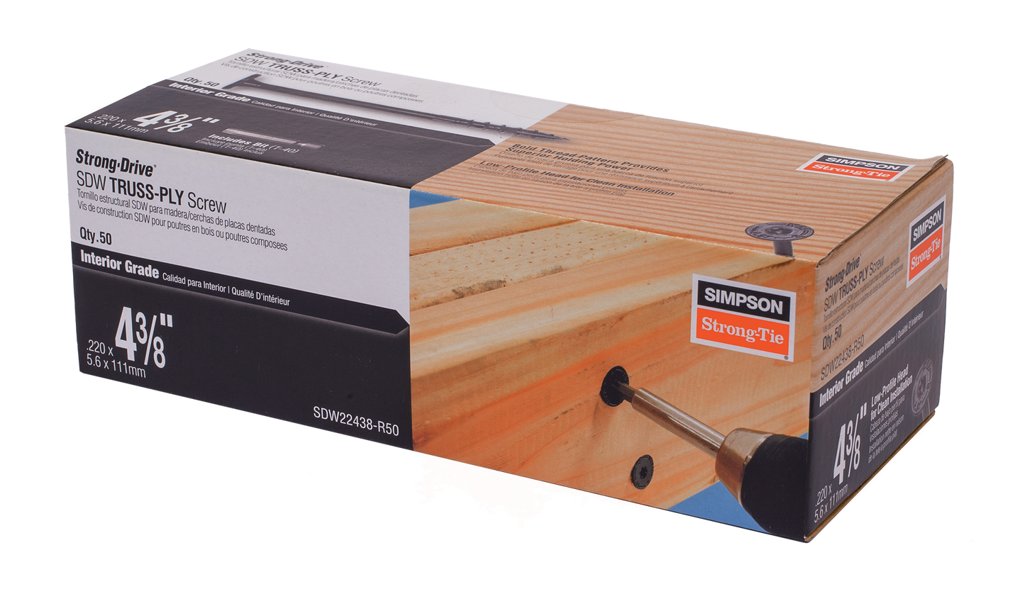 Simpson Strong-Tie SDW22438-R50 Strong-Drive® SDW™ TRUSS-PLY Screw — .220 in. x 4-3/8 in. T40 6-Lobe E-coat® (50-Qty) (Pack of 4)
