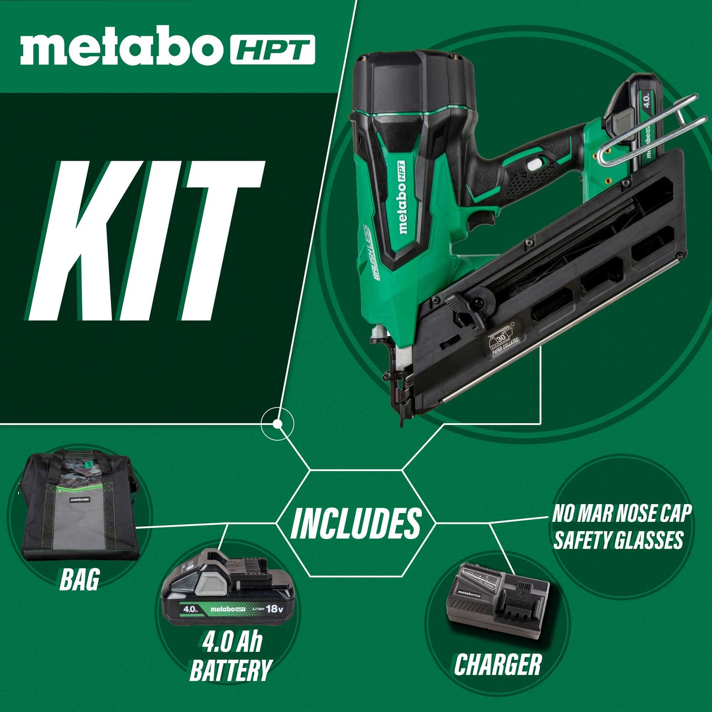 Clavadora de cinta de papel inalámbrica Metabo HPT NR1890DCSTM de 18 V y 3-1/2" MultiVolt