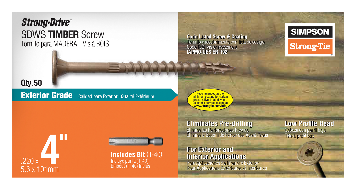 Simpson Strong-Tie SDWS22400DB-R50 Strong-Drive® SDWS™ TIMBER Screw (Exterior Grade) — 0.220 in. x 4 in. T40, Tan (50-Qty) (Pack of 360)