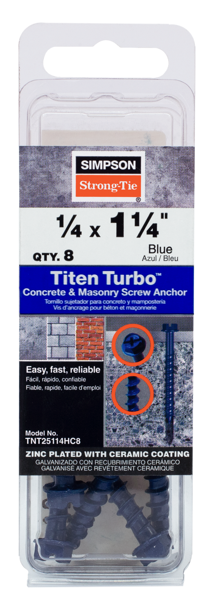 Simpson Strong-Tie TNT25114HC8 Titen Turbo™ — 1/4 in. x 1-1/4 in. Hex-Head Concrete and Masonry Screw, Blue (8-Qty) (Pack of 5520)