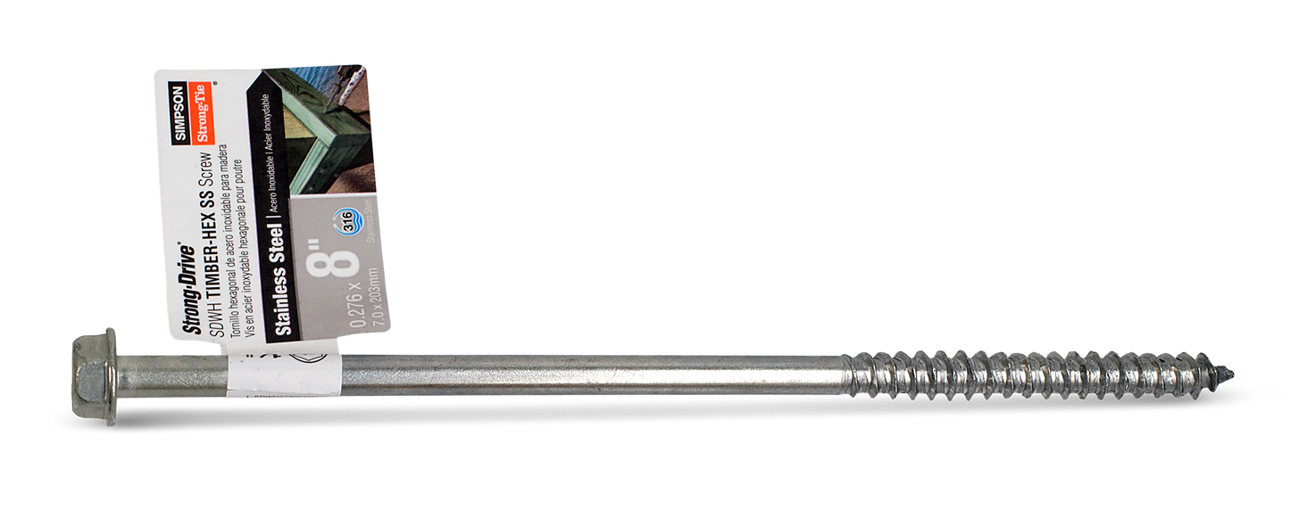 Simpson Strong-Tie SDWH27800SS-RP1 Strong-Drive® SDWH™ TIMBER-HEX SS Screw — 0.275 in. x 8 in. 1/2 Hex, Type 316