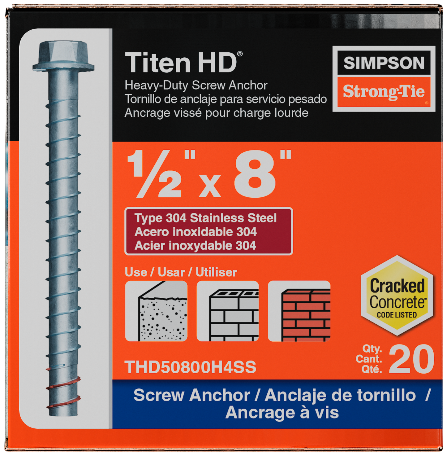 Simpson Strong-Tie THD50800H4SS Titen HD® 1/2 in. x 8 in. Type 304 Stainless-Steel Heavy-Duty Screw Anchor (20-Qty)