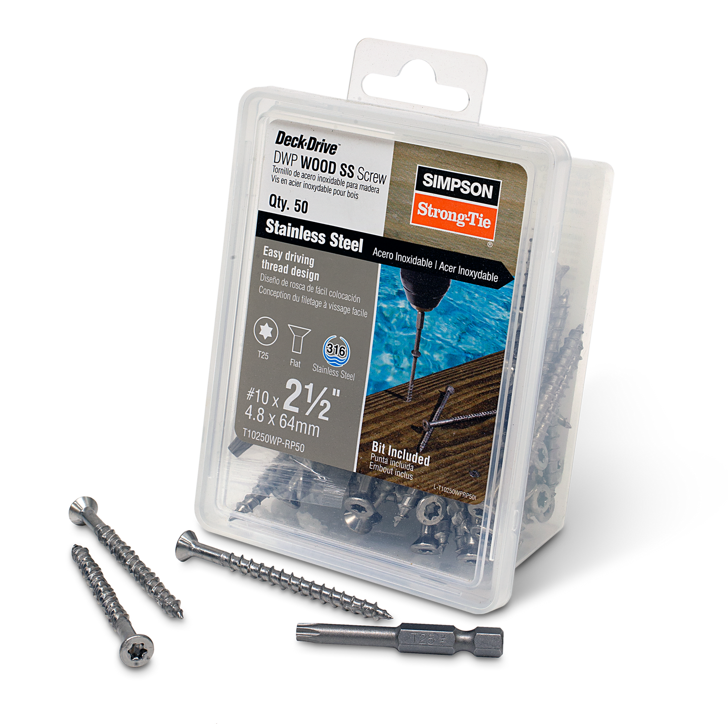 Simpson Strong-Tie T10250WP-RP50 Deck-Drive™ DWP WOOD SS Screw — #10 x 2-1/2 in. T25, Flat Head, Type 316 (50-Qty) (Pack of 4)