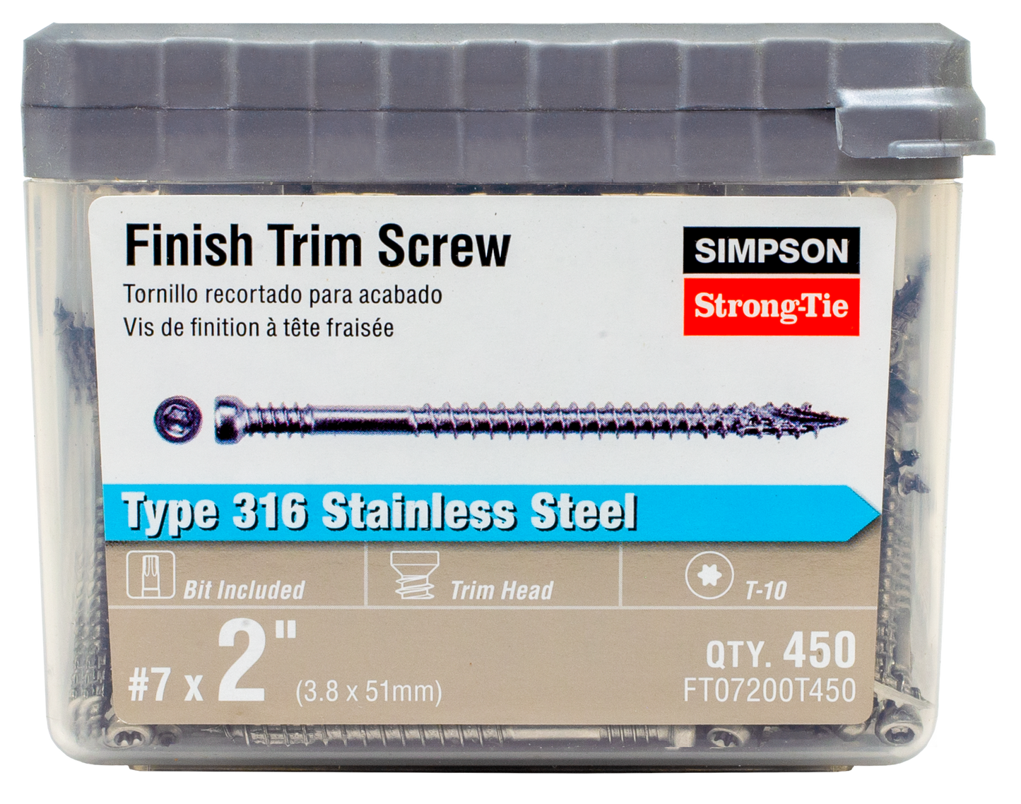 Simpson Strong-Tie FT07200T450 Finish Trim Screw — #7 x 2 in. T10, Trim-Head, Type 316 (450-Qty)
