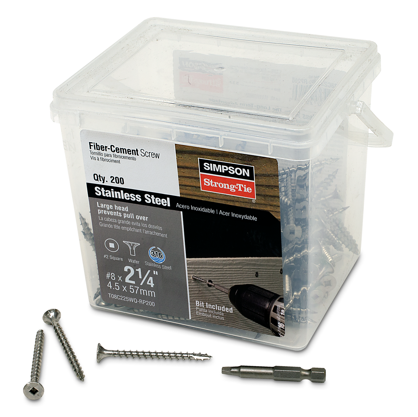 Simpson Strong-Tie T08C225WQ-RP200 Fiber-Cement Screw — #8 x 2-1/4 in. #2 Square Wafer-Head, Type 316 (200-Qty) (Pack of 4)