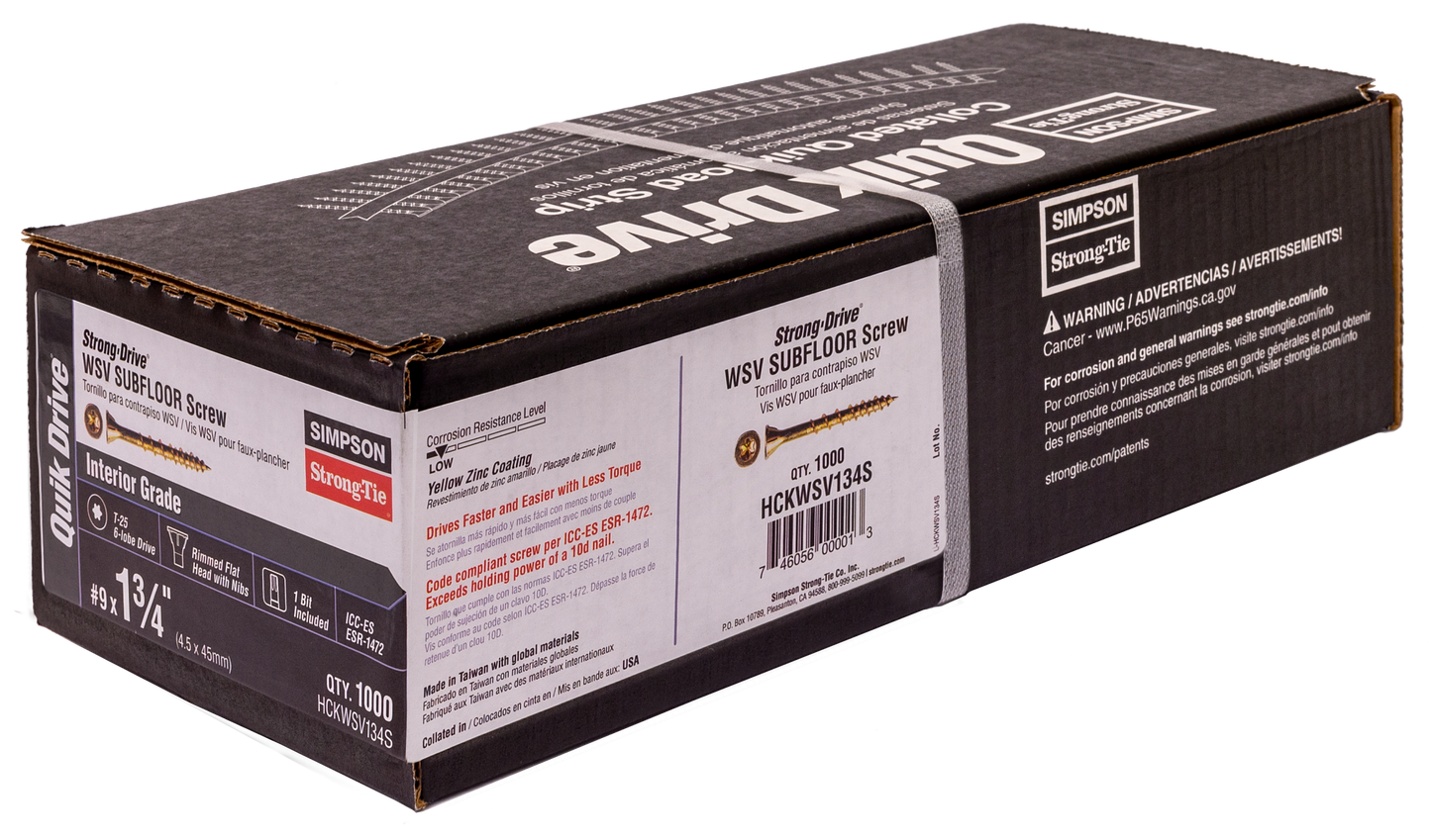 Simpson Strong-Tie HCKWSV134S Strong-Drive® WSV SUBFLOOR Screw (Collated) — #9 x 1-3/4 in. T25, Yellow Zinc (1000-Qty)