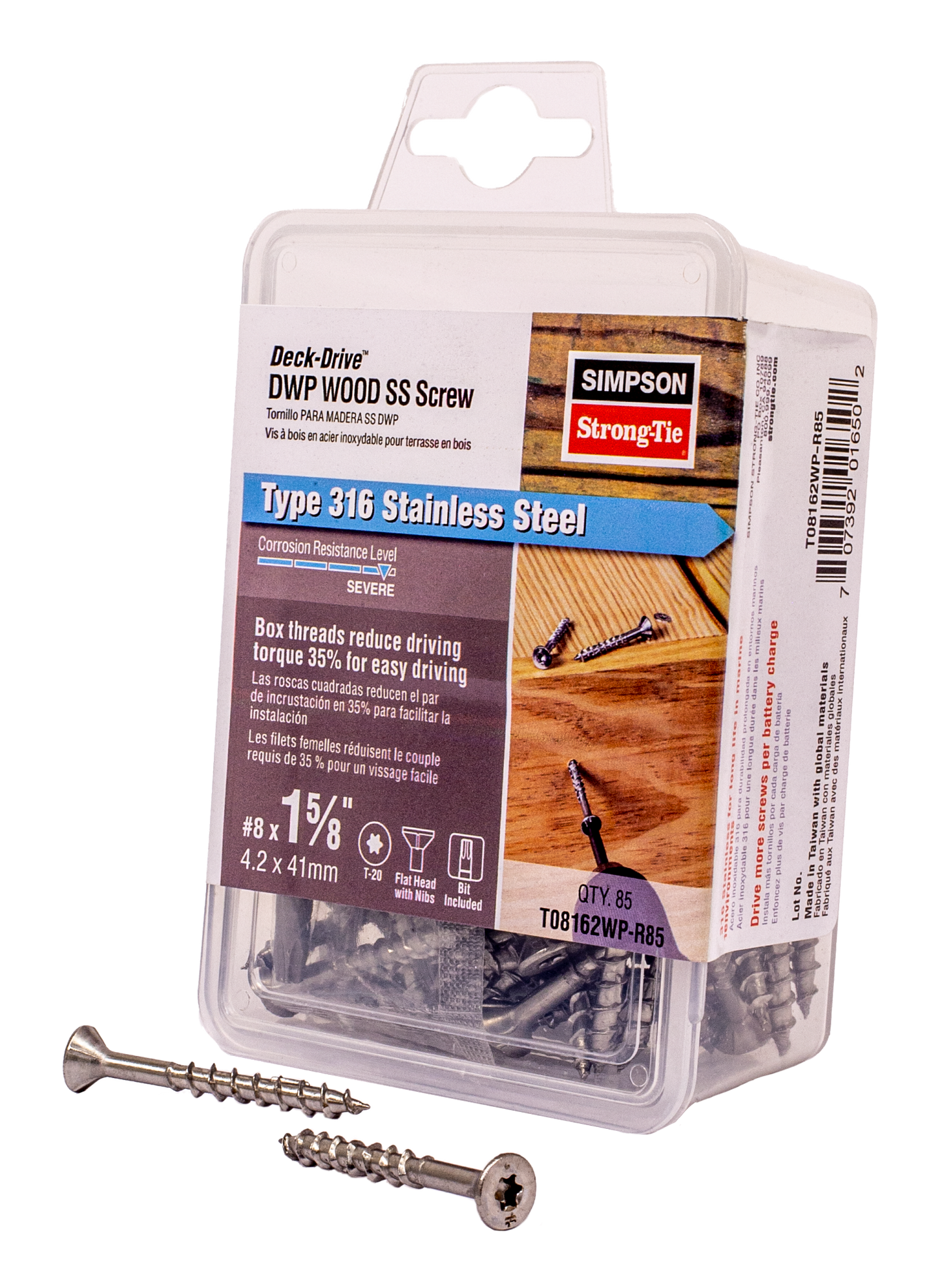 Simpson Strong-Tie T08162WP-R85 Deck-Drive™ DWP WOOD SS Screw — #8 x 1-5/8 in. T20, Flat Head, Type 316 (85-Qty)