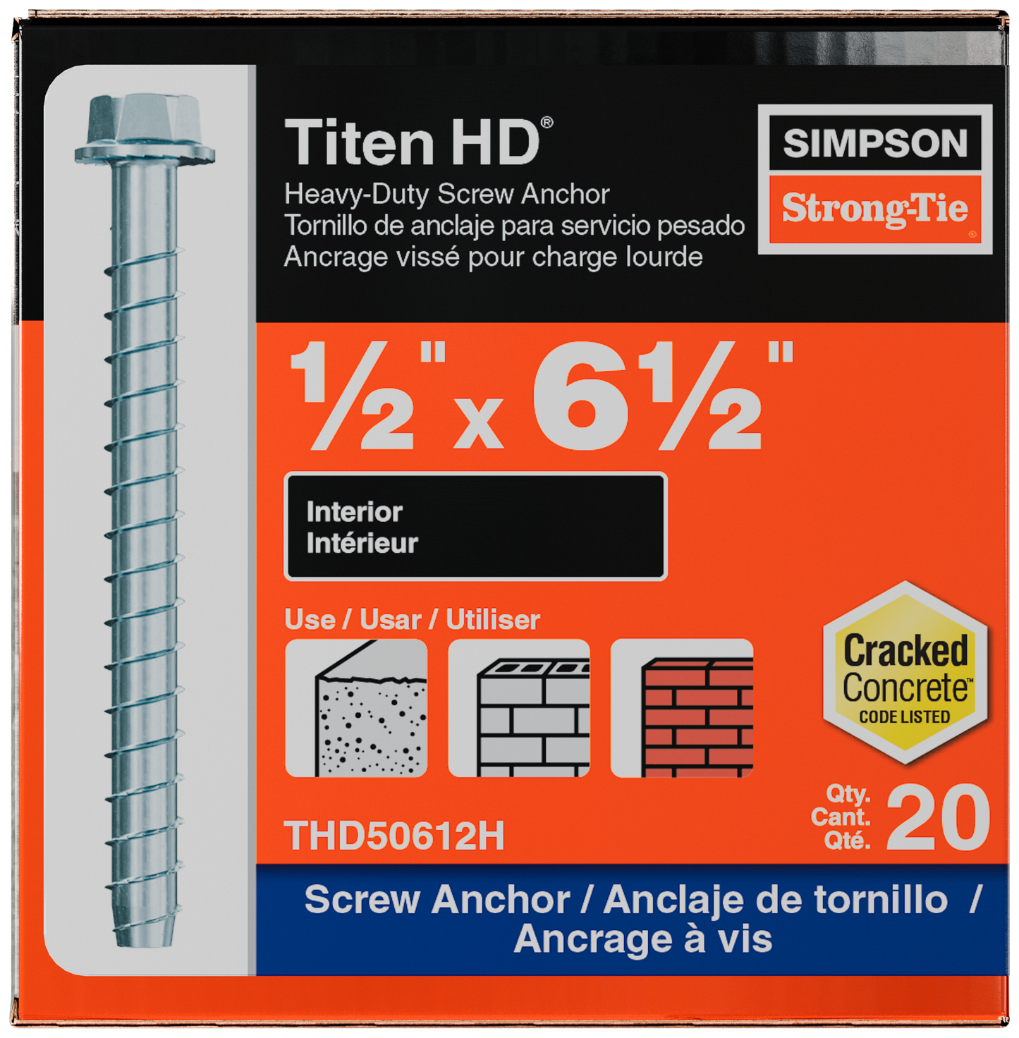 Simpson Strong-Tie THD50612H Titen HD® 1/2 in. x 6-1/2 in. Heavy-Duty Screw Anchor (20-Qty) (Pack of 2)