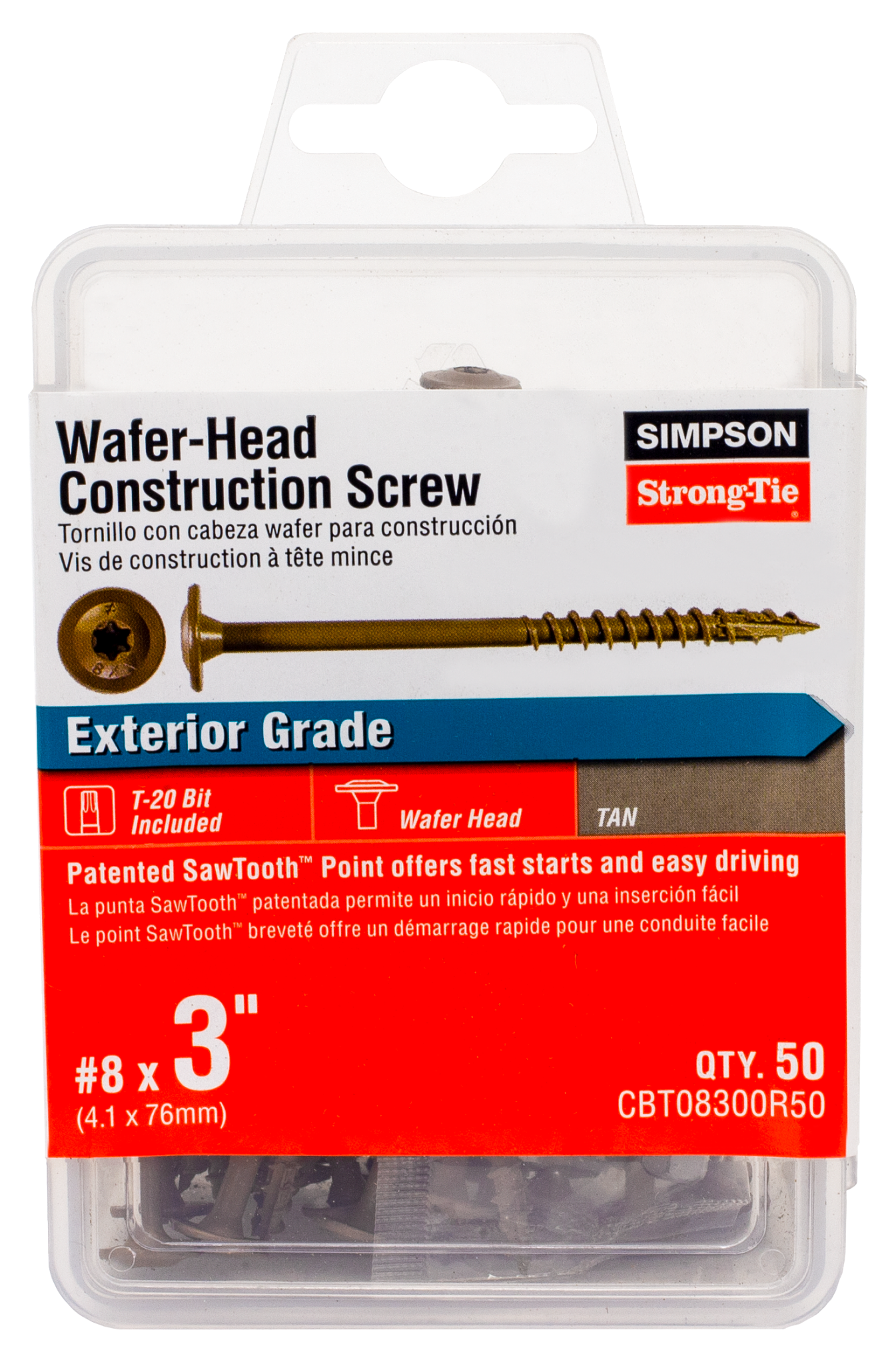 Simpson Strong-Tie CBT08300R50 Wafer-Head Construction Screw — #8 x 3 in. T20, Quik Guard®, Tan (50-Qty)