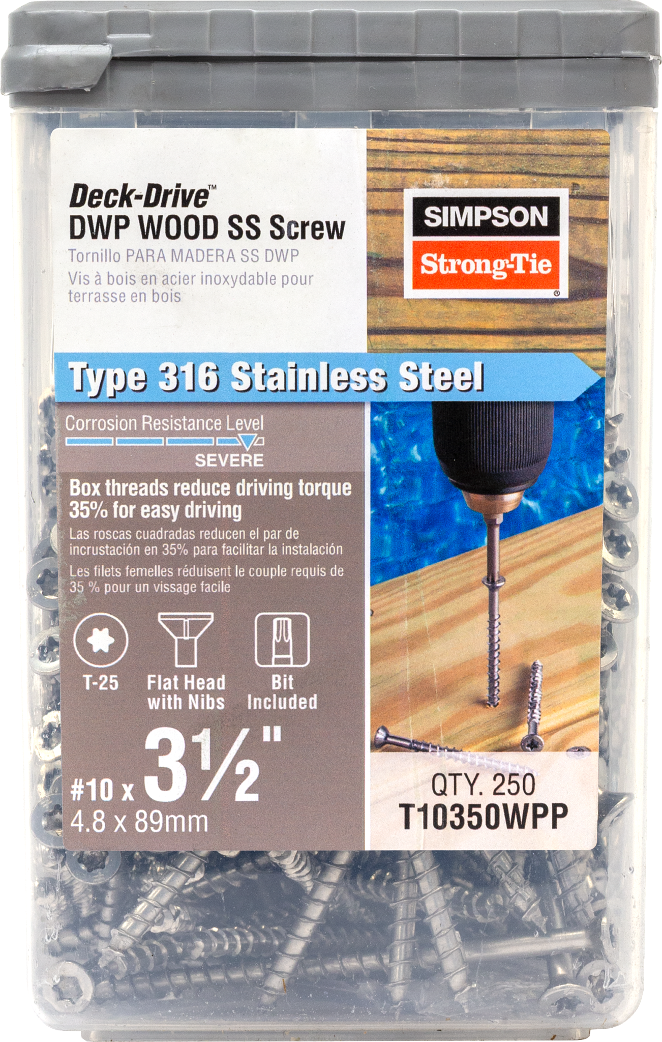 Simpson Strong-Tie T10350WPP Deck-Drive™ DWP WOOD SS Screw — #10 x 3-1/2 in. T-25, Flat Head, Type 316 (250-Qty) (Pack of 6)