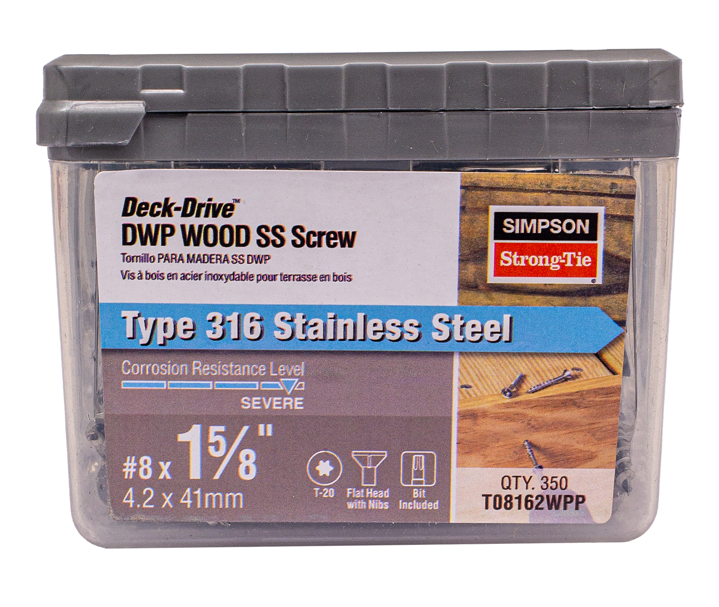 Simpson Strong-Tie T08162WPP Deck-Drive™ DWP WOOD SS Screw — #8 x 1-5/8 in. T20, Flat Head, Type 316 (350-Qty)