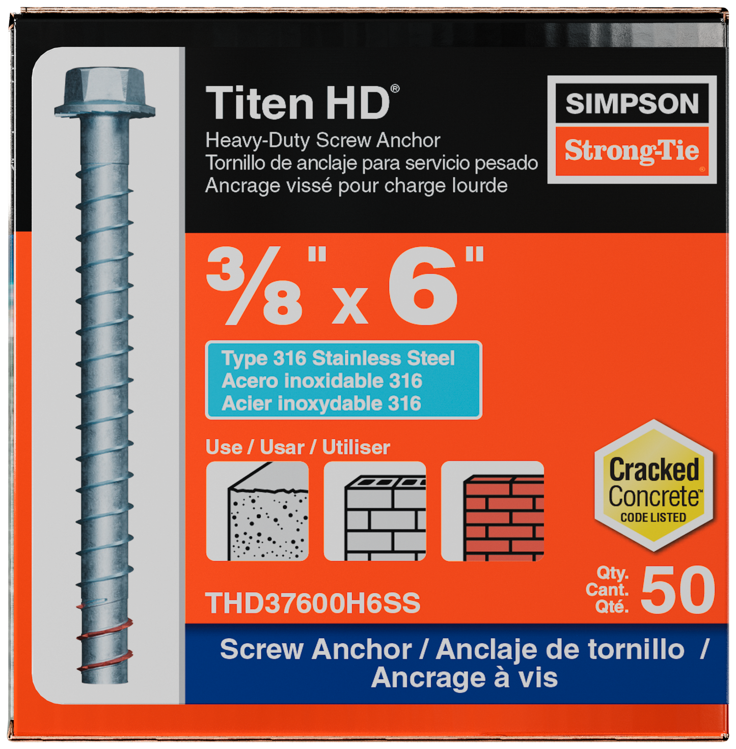 Simpson Strong-Tie THD37600H6SS Titen HD® 3/8 in. x 6 in. Type 316 Stainless Steel Heavy-Duty Screw Anchor (50-Qty)