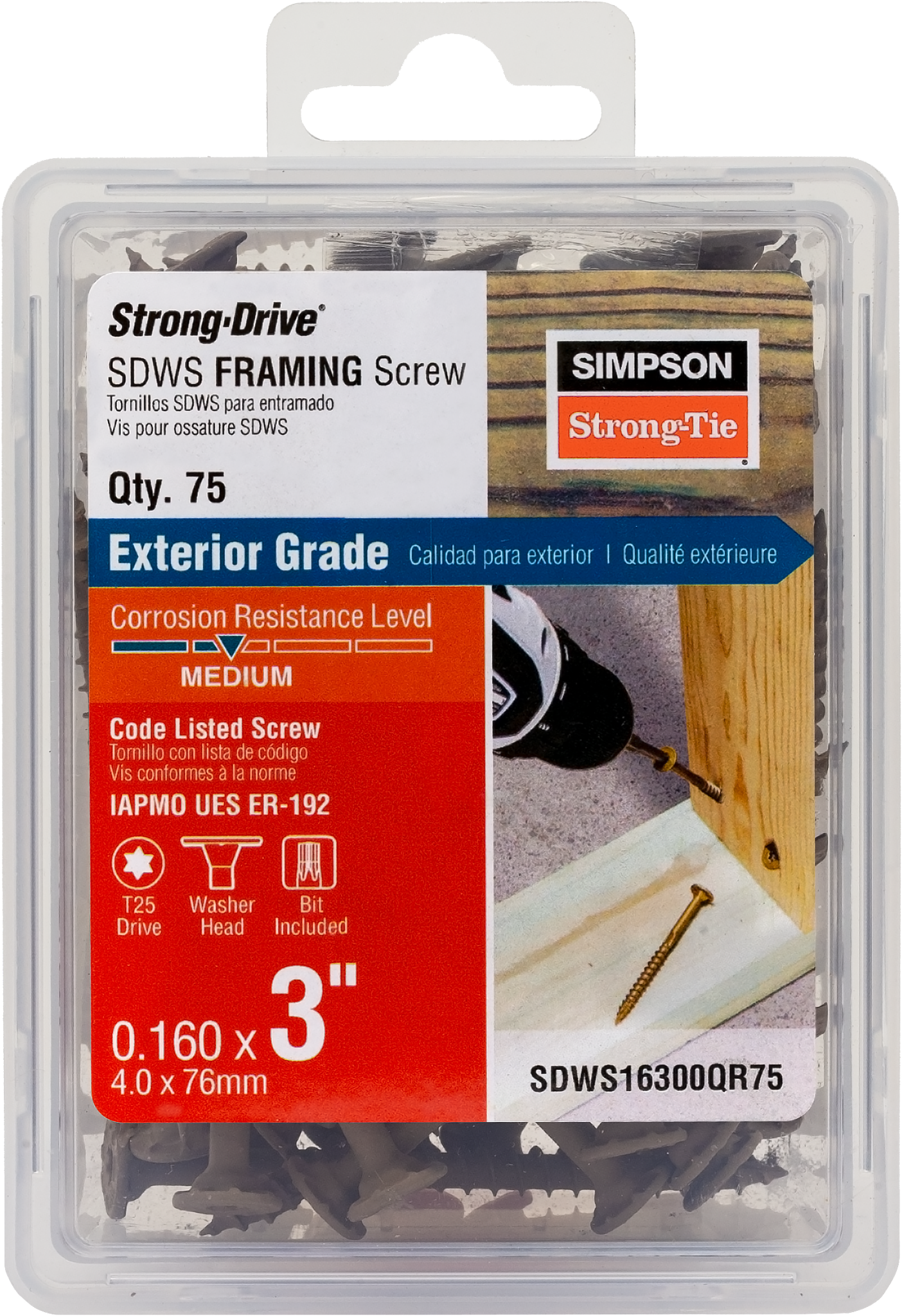 Simpson Strong-Tie SDWS16300QR75 Strong-Drive® SDWS™ FRAMING Screw — 0.160 in. x 3 in. T25, Quik Guard®, Tan (75-Qty) (Pack of 12)