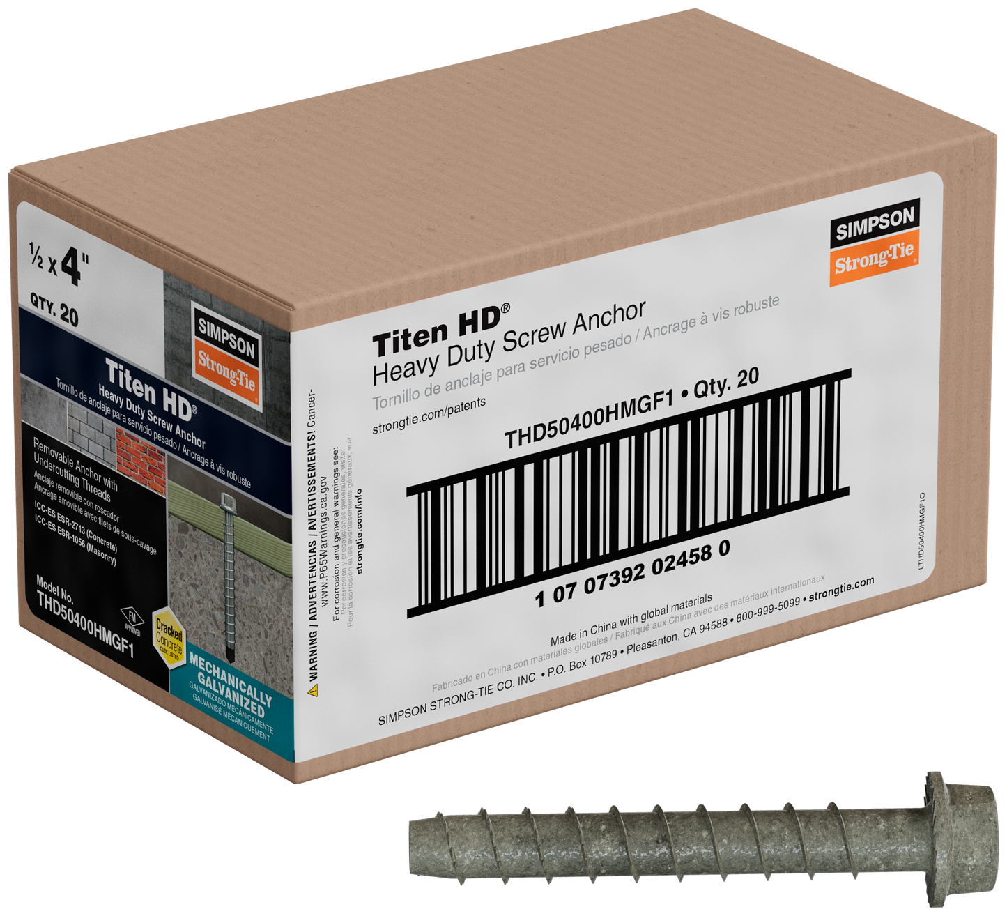 Simpson Strong-Tie THD50400HMGF1 Titen HD® 1/2 in. x 4 in. Mechanically Galvanized Heavy-Duty Screw Anchor (Pack of 20)