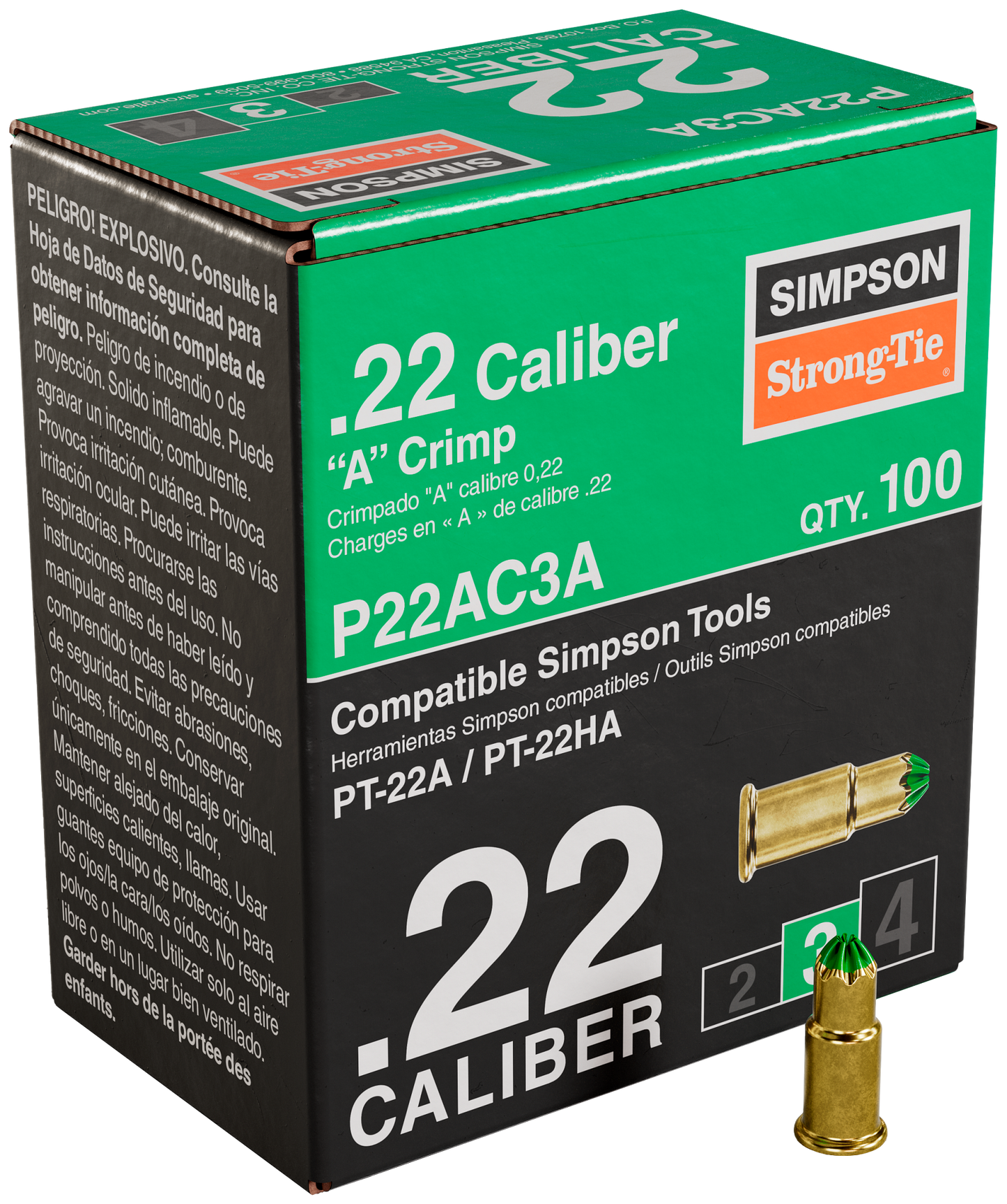 Simpson Strong-Tie P22AC3A P22AC 0.22-Caliber “A” Single-Shot Crimp Loads, LVL 3, Green - Imported (100-Qty)