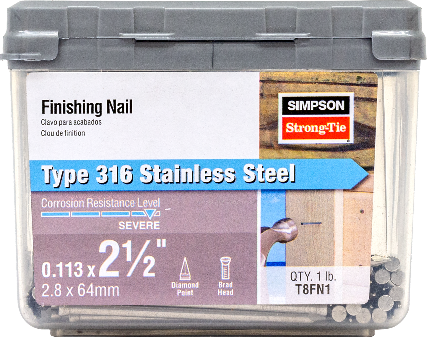 Simpson Strong-Tie T8FN1 Finishing Nail — 2-1/2-in. x .113-in. Type 316 Stainless Steel (1 lb.)