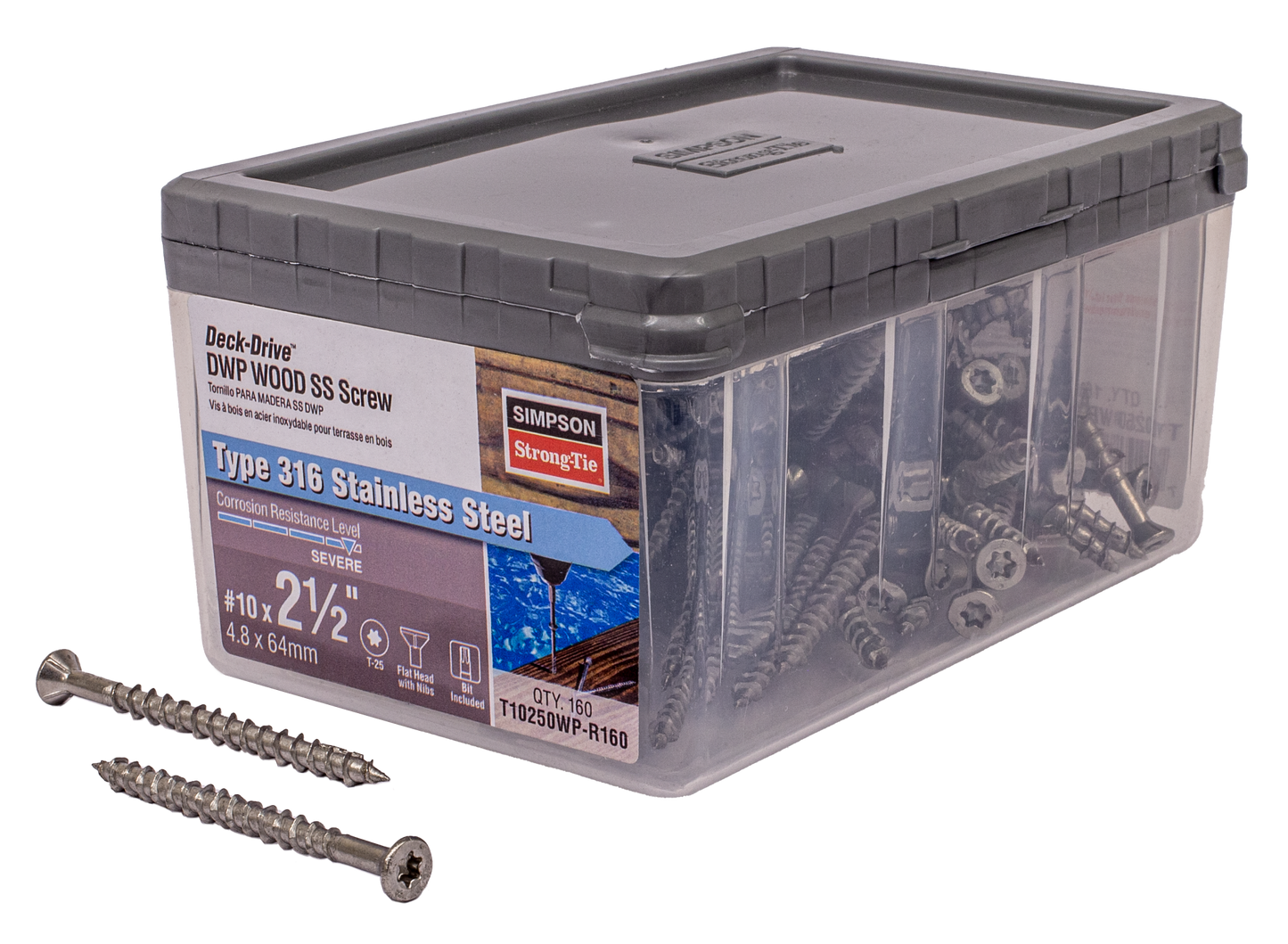 Simpson Strong-Tie T10250WP-R160 Deck-Drive™ DWP WOOD SS Screw — #10 x 2-1/2 in. T25, Flat Head, Type 316 (160-Qty)