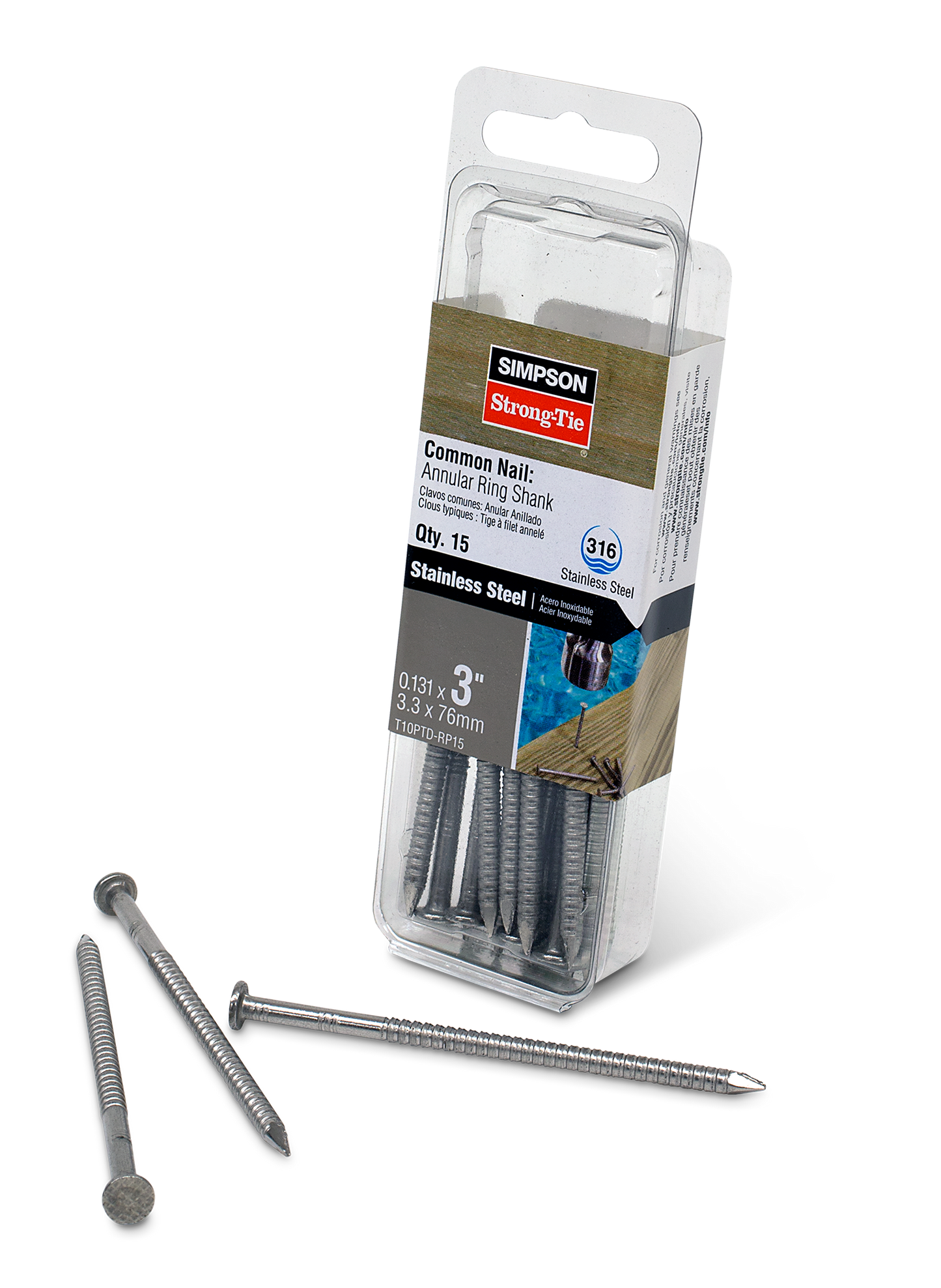 Simpson Strong-Tie T10PTD-RP15 Preservative-Treated Wood Decking Nail, Ring Shank — 3 in. x .131 in. Type 316 (15-Qty) (Pack of 3240)