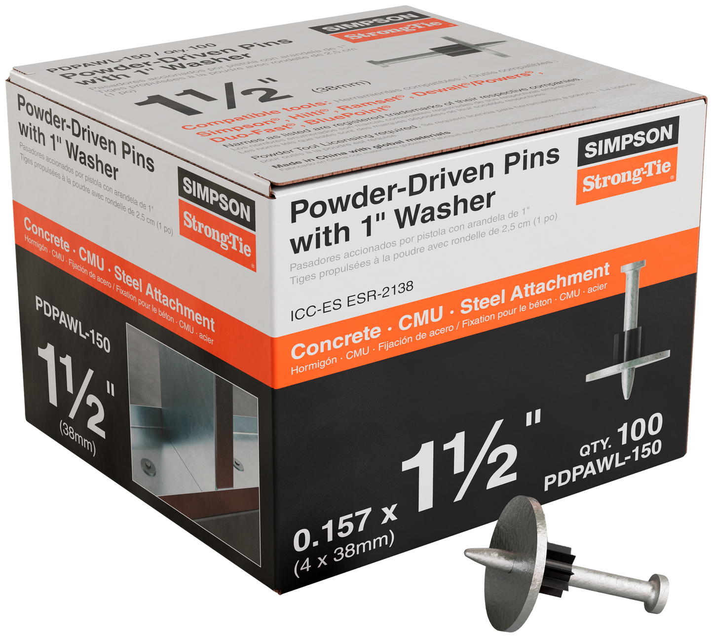 Simpson Strong-Tie PDPAWL-150 PDPAWL .157-in. x 1-1/2-in. Powder-Actuated Pin w/ 1-in. Washer (100-Qty) (Pack of 10)