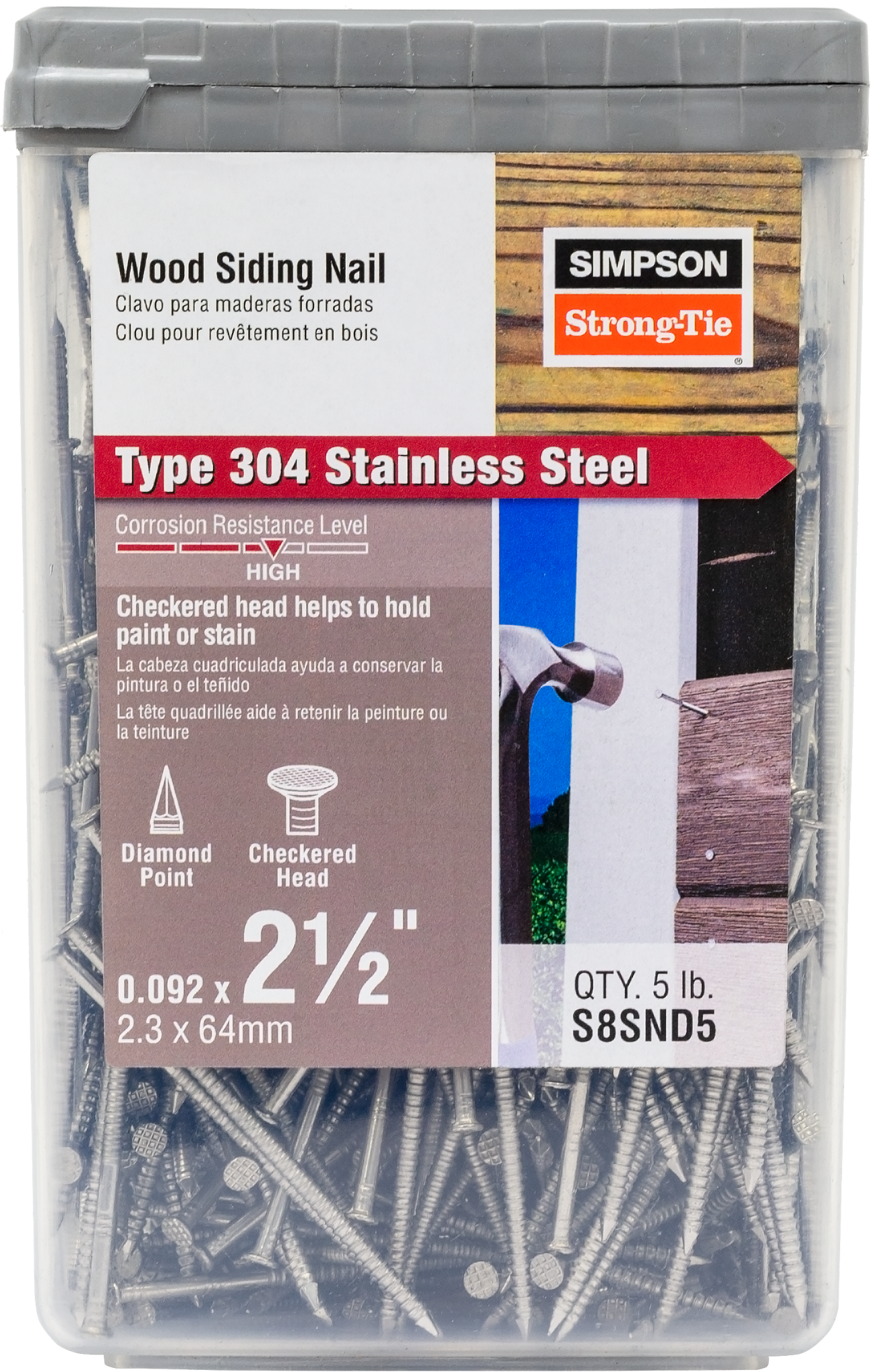 Simpson Strong-Tie S8SND5 Wood Siding Nail — 2-1/2-in. x .092-in. Type 304 Stainless Steel (5 lb.) (Pack of 6)