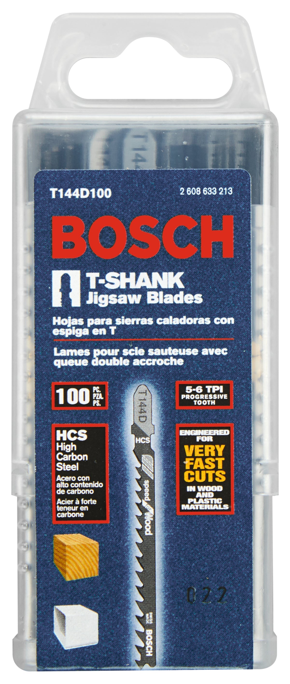 Hojas de sierra caladora BOSCH T144D de 5 piezas, 4 pulg., 6 dientes por pulgada, para madera, con vástago en T