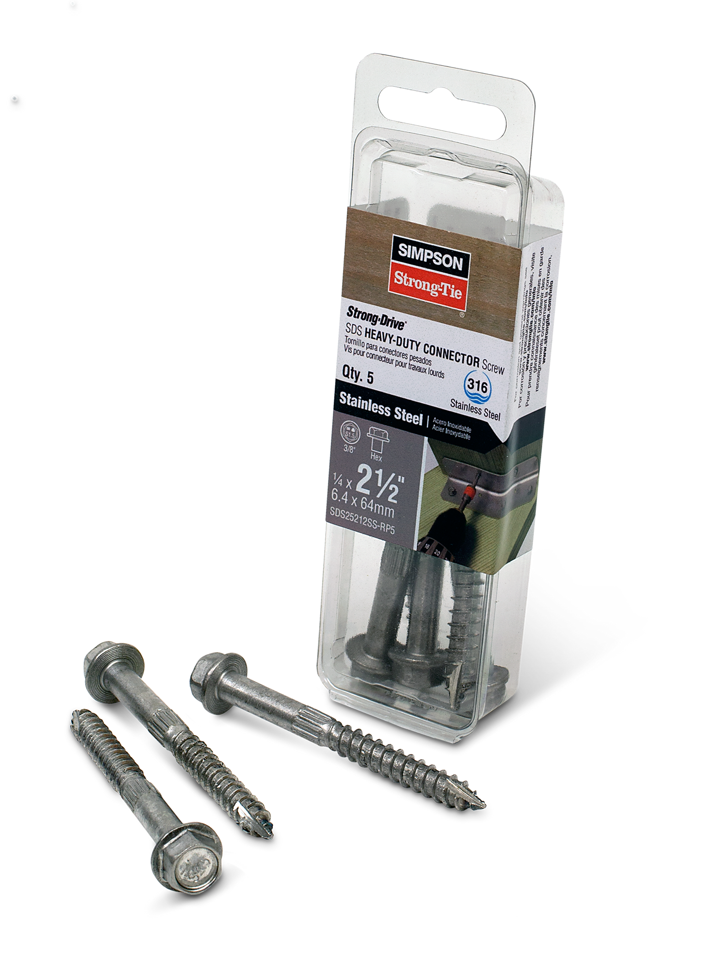 Simpson Strong-Tie SDS25212SS-RP5 Strong-Drive® SDS HEAVY-DUTY CONNECTOR Screw — 1/4 in. x 2-1/2 in. Type 316 (5-Qty) (Pack of 3240)