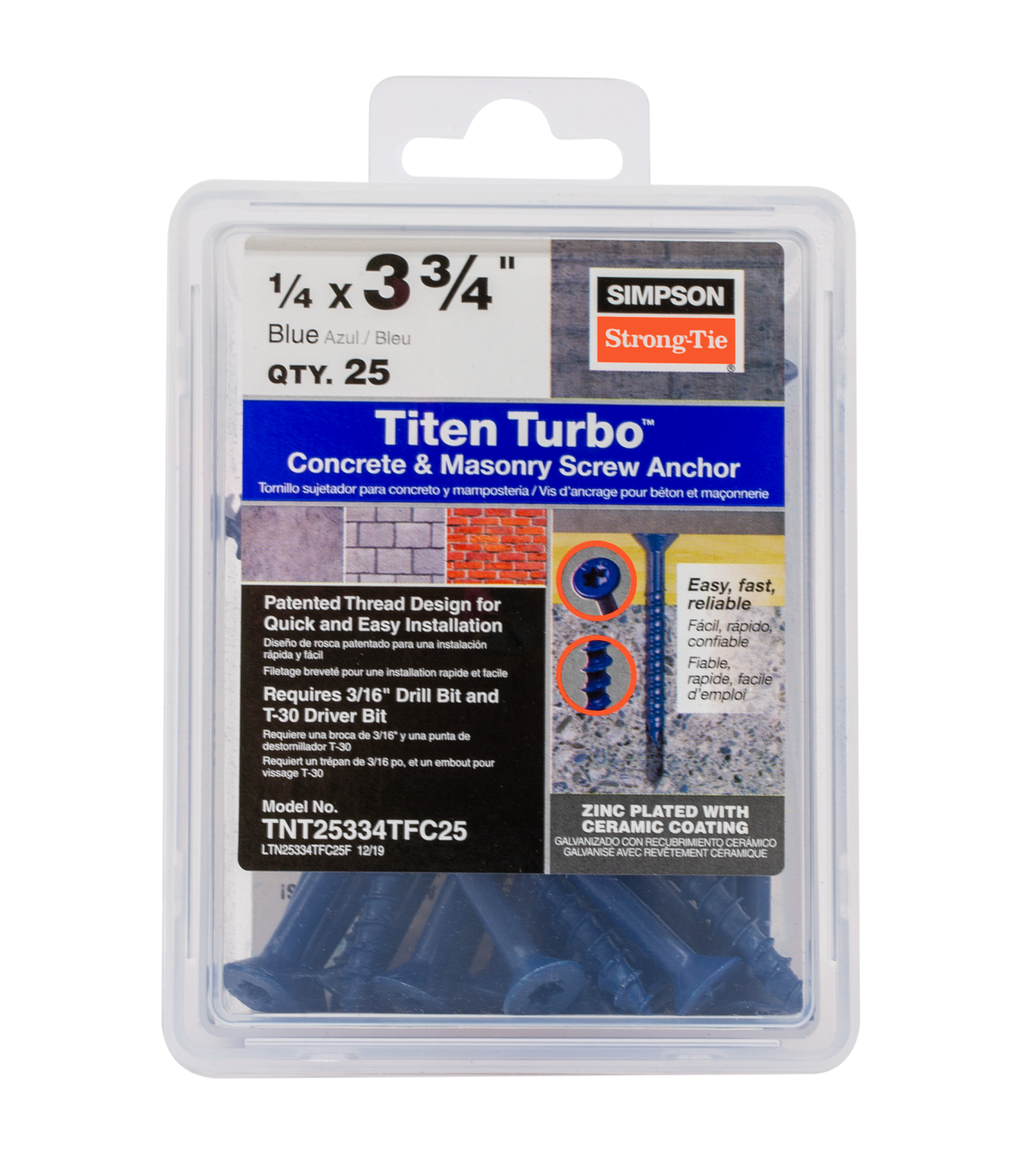 Simpson Strong-Tie TNT25334TFC25 Titen Turbo™ — 1/4 in. x 3-3/4 in. 6-Lobe Flat-Head Concrete and Masonry Screw, Blue (25-Qty) (Pack of 1152)