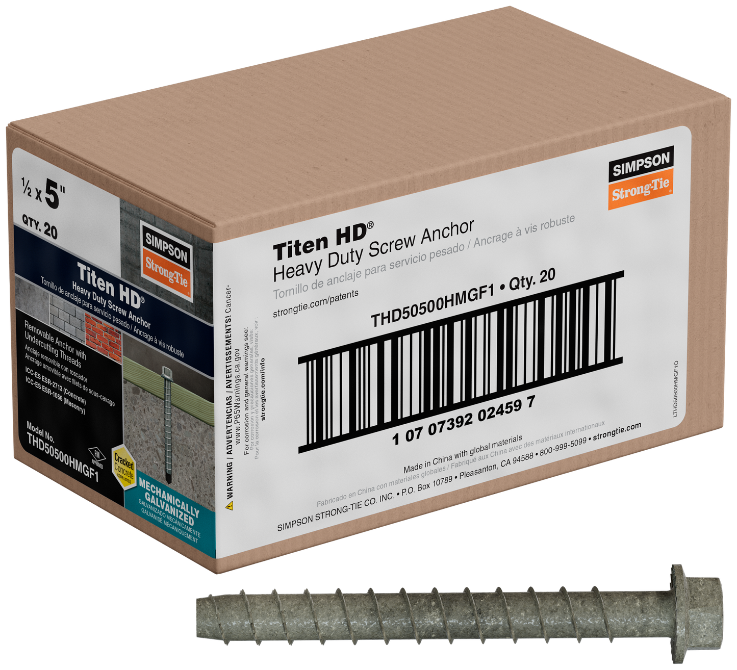 Simpson Strong-Tie THD50500HMGF1 Titen HD® 1/2 in. x 5 in. Mechanically Galvanized Heavy-Duty Screw Anchor (Pack of 20)