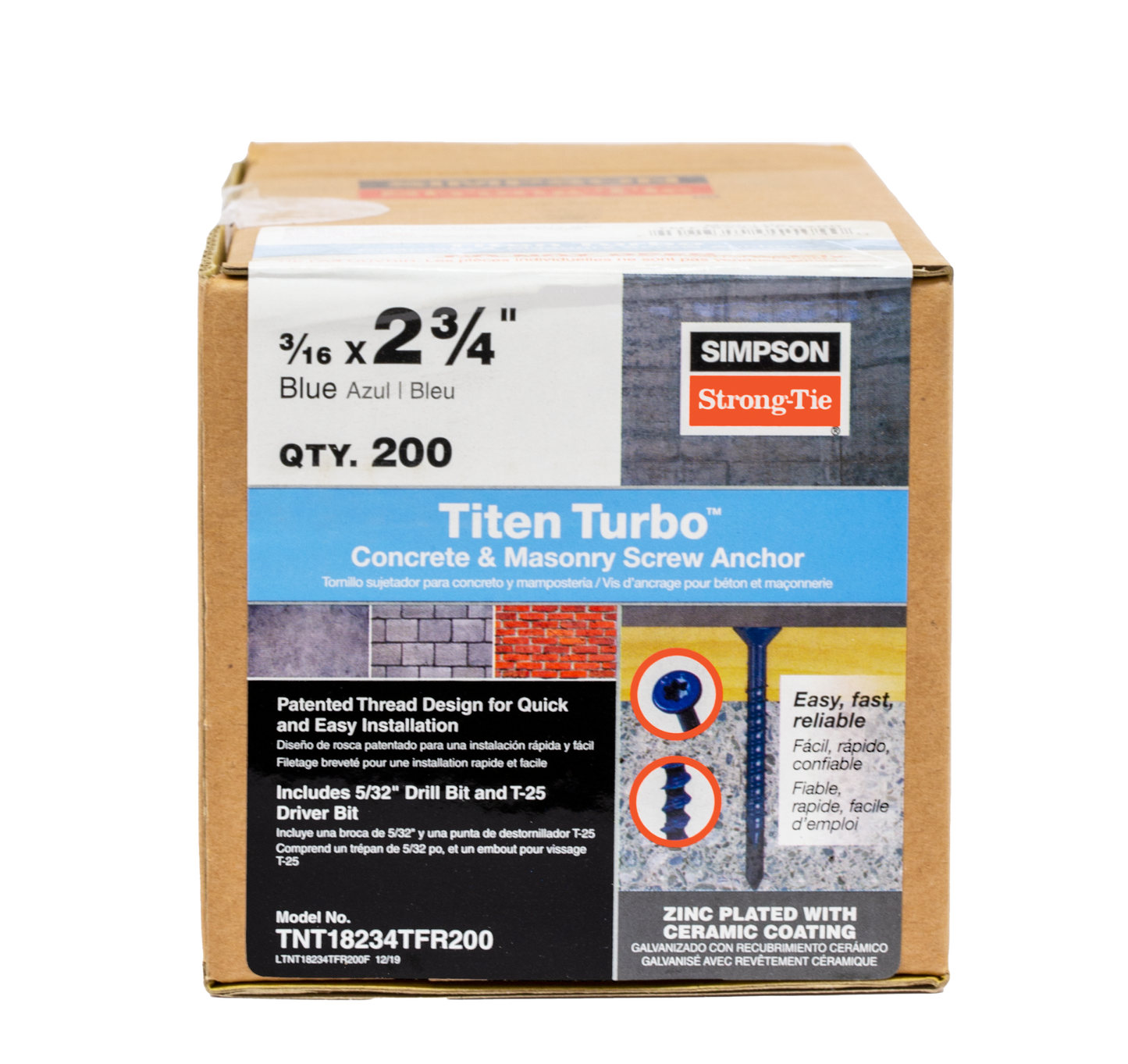 Simpson Strong-Tie TNT18234TFR200 Titen Turbo™ — 3/16 in. x 2-3/4 in. 6-Lobe Flat-Head Concrete and Masonry Screw, Blue (200-Qty)