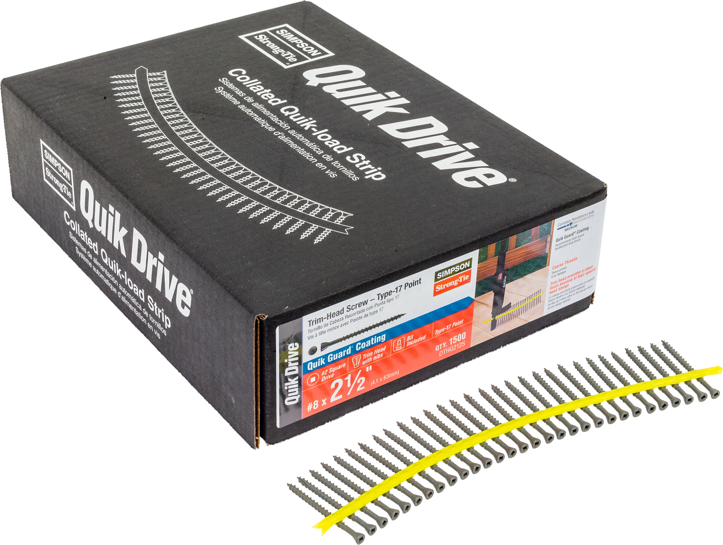 Simpson Strong-Tie DTHQ212S Trim-Head Screw, Type-17 Point — #8 x 2-1/2 in. #2U Square Drive, Quik Guard® (1500-Qty) (Pack of 100)