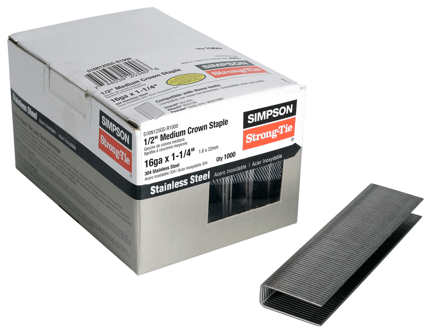 Simpson Strong-Tie S16N125GS-R1000 1/2-in. Crown, 16-Gauge Staples — 1-1/4 in. Type 304 Stainless Steel (1000-Qty)