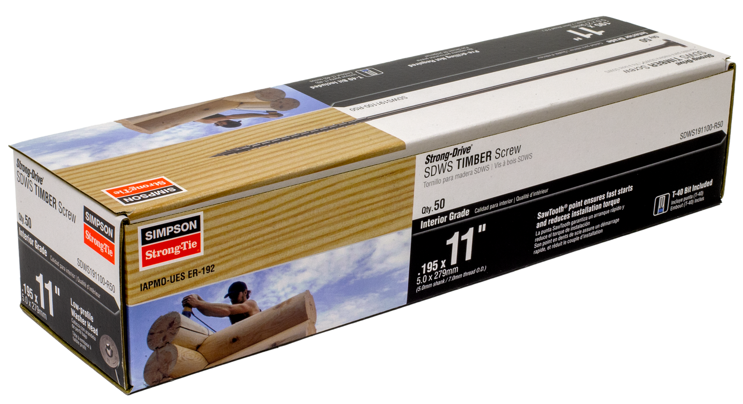 Simpson Strong-Tie SDWS191100-R50 Strong-Drive® SDWS™ TIMBER Screw (Interior) — 0.195 in. x 11 in. E-coat® (50-Qty) (Pack of 156)