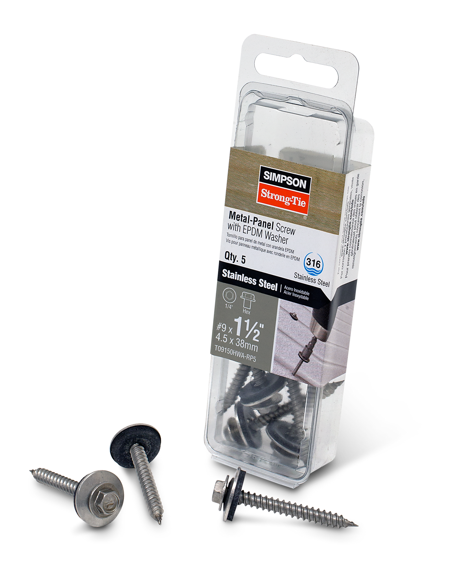 Simpson Strong-Tie T09150HWA-RP5 Metal-Panel Screw with EPDM Washer — #9 x 1-1/2 in. Hex Head, Type 316 (5-Qty) (Pack of 5)