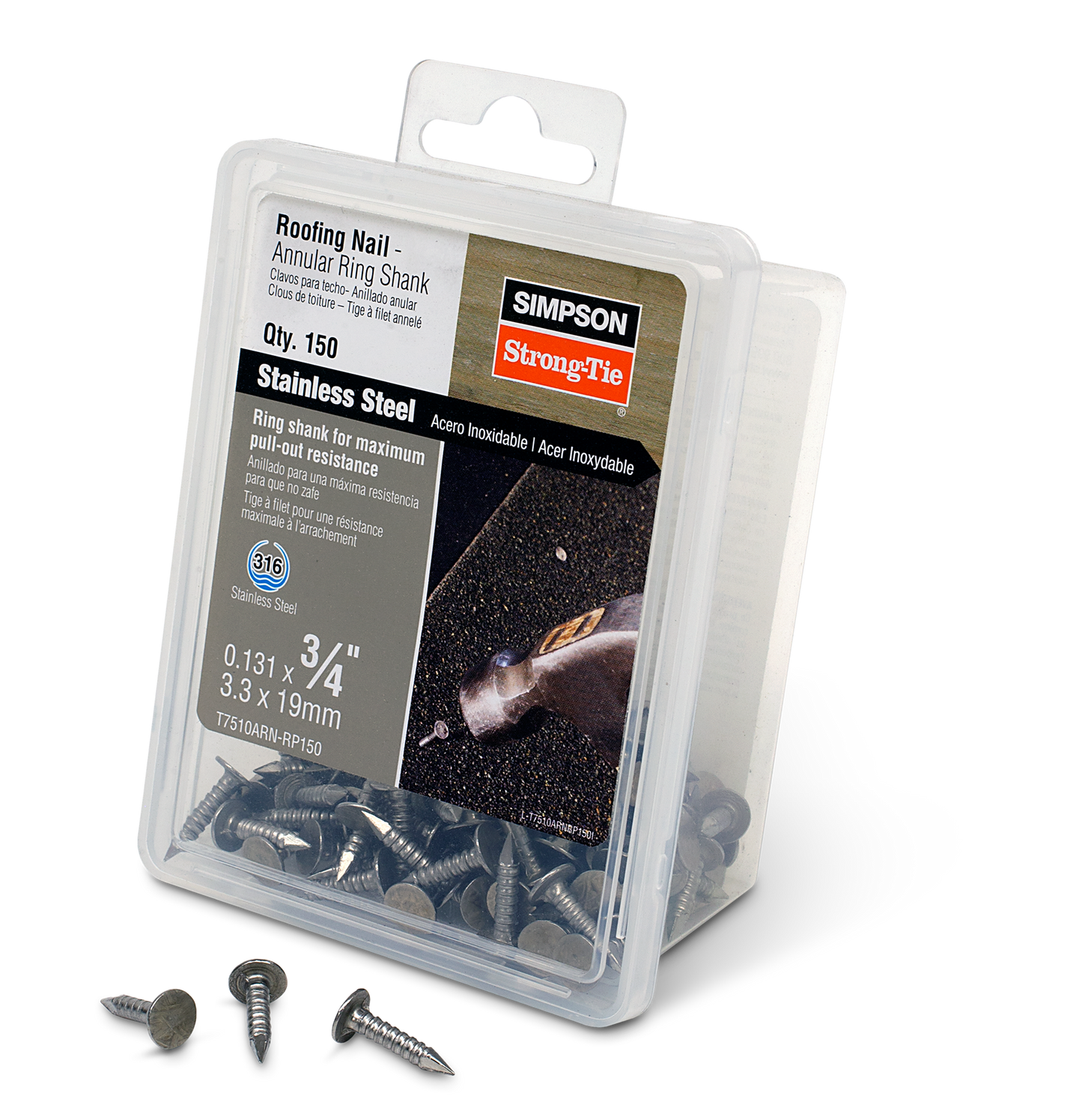 Simpson Strong-Tie T7510ARN-RP150 Roofing Nail, Annular Ring Shank — 3/4-in. x .131-in. Type 316 Stainless Steel (150-Qty) (Pack of 600)