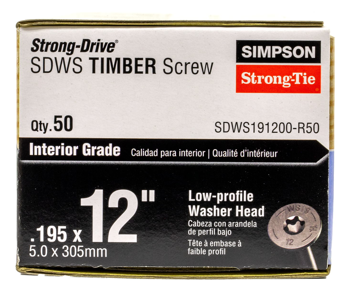Simpson Strong-Tie SDWS191200-R50 Strong-Drive® SDWS™ TIMBER Screw (Interior) — 0.195 in. x 12 in. E-coat® (50-Qty) (Pack of 6)
