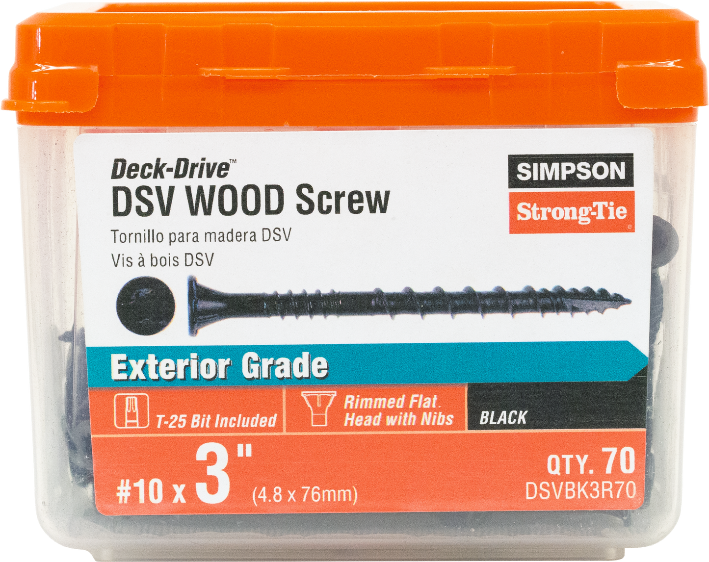 Simpson Strong-Tie DSVBK3R70 Deck-Drive™ DSV WOOD Screw — #10 x 3 in. T25, Flat Head, Quik Guard®, Black (70-Qty) (Pack of 1620)