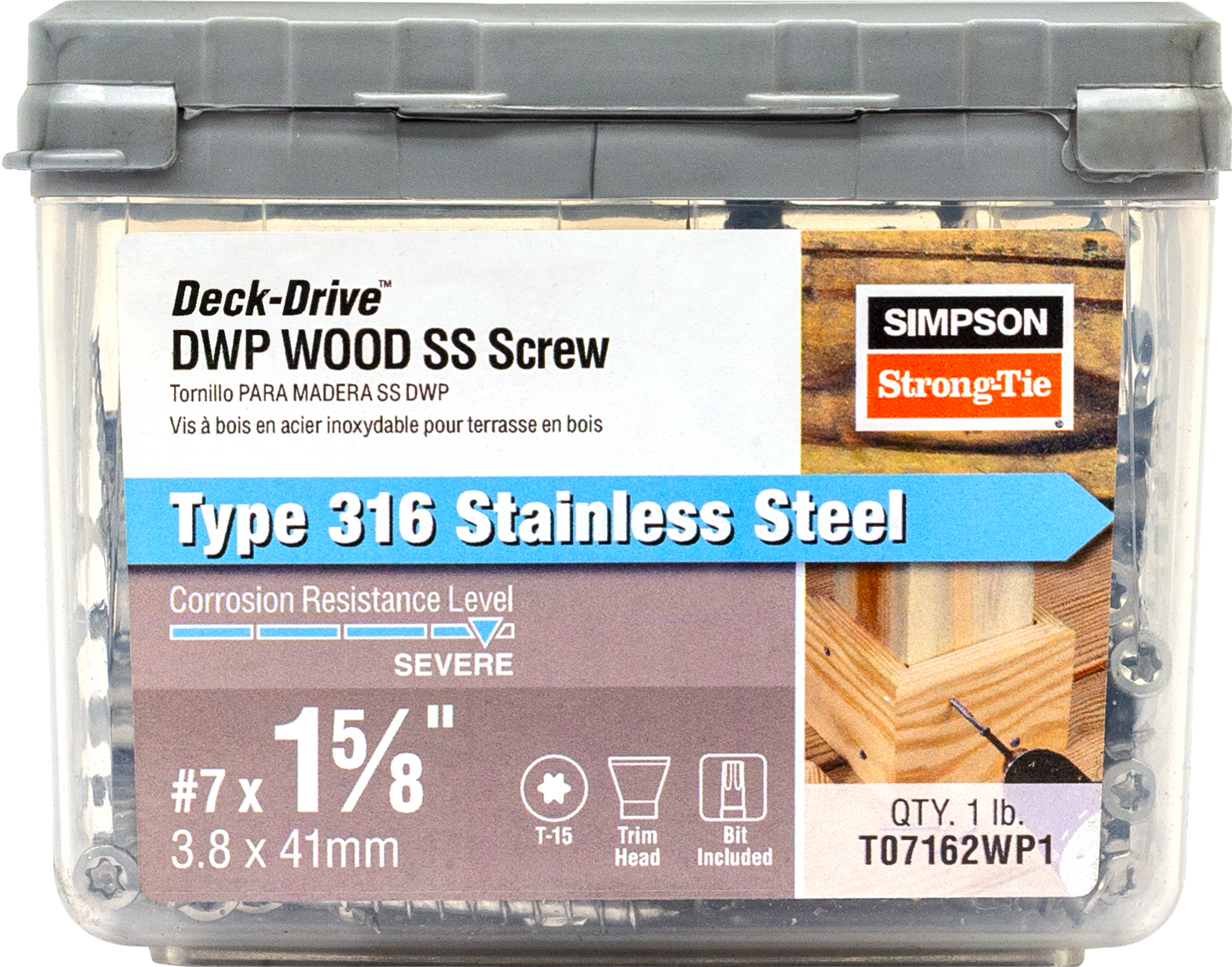Simpson Strong-Tie T07162WP1 Deck-Drive™ DWP WOOD SS Screw — #7 x 1-5/8 in. T-15, Trim Head, Type 316 (1 lb.) (Pack of 800)