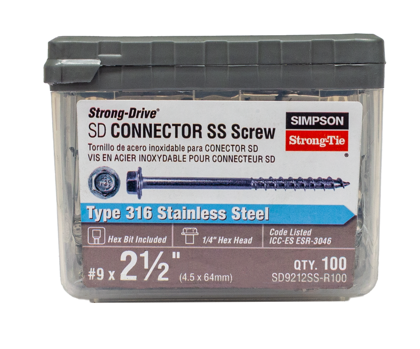 Simpson Strong-Tie SD9212SS-R100 Strong-Drive® SD CONNECTOR SS Screw — #9 x 2-1/2 in. 1/4-Hex Drive, Type 316 (100-Qty) (Pack of 792)