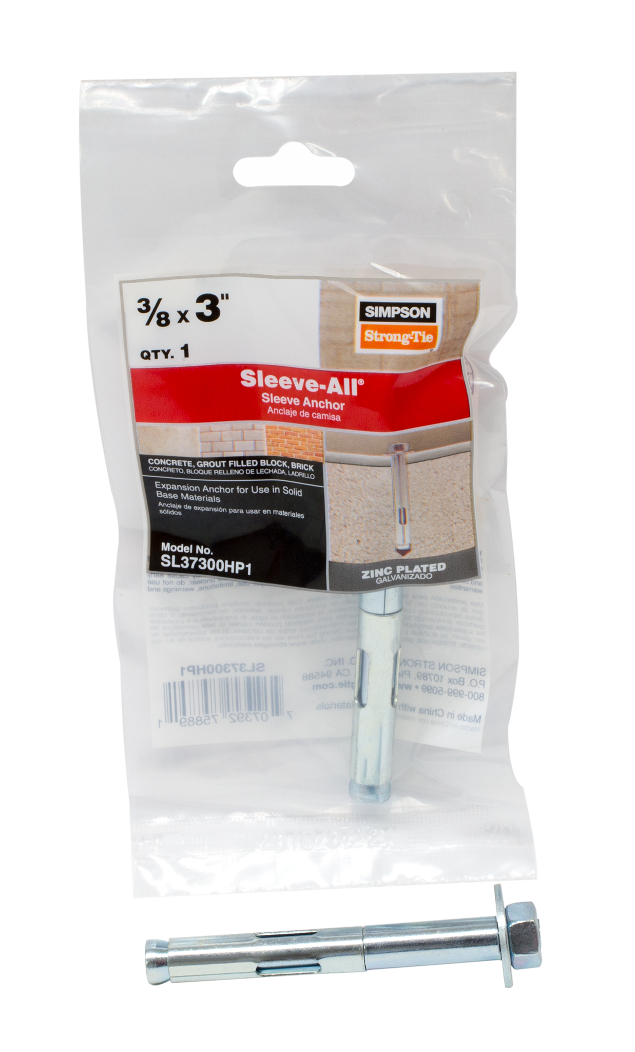 Simpson Strong-Tie SL37300HP1 Sleeve-All® 3/8 in. x 3 in. Hex-Head Sleeve Anchor