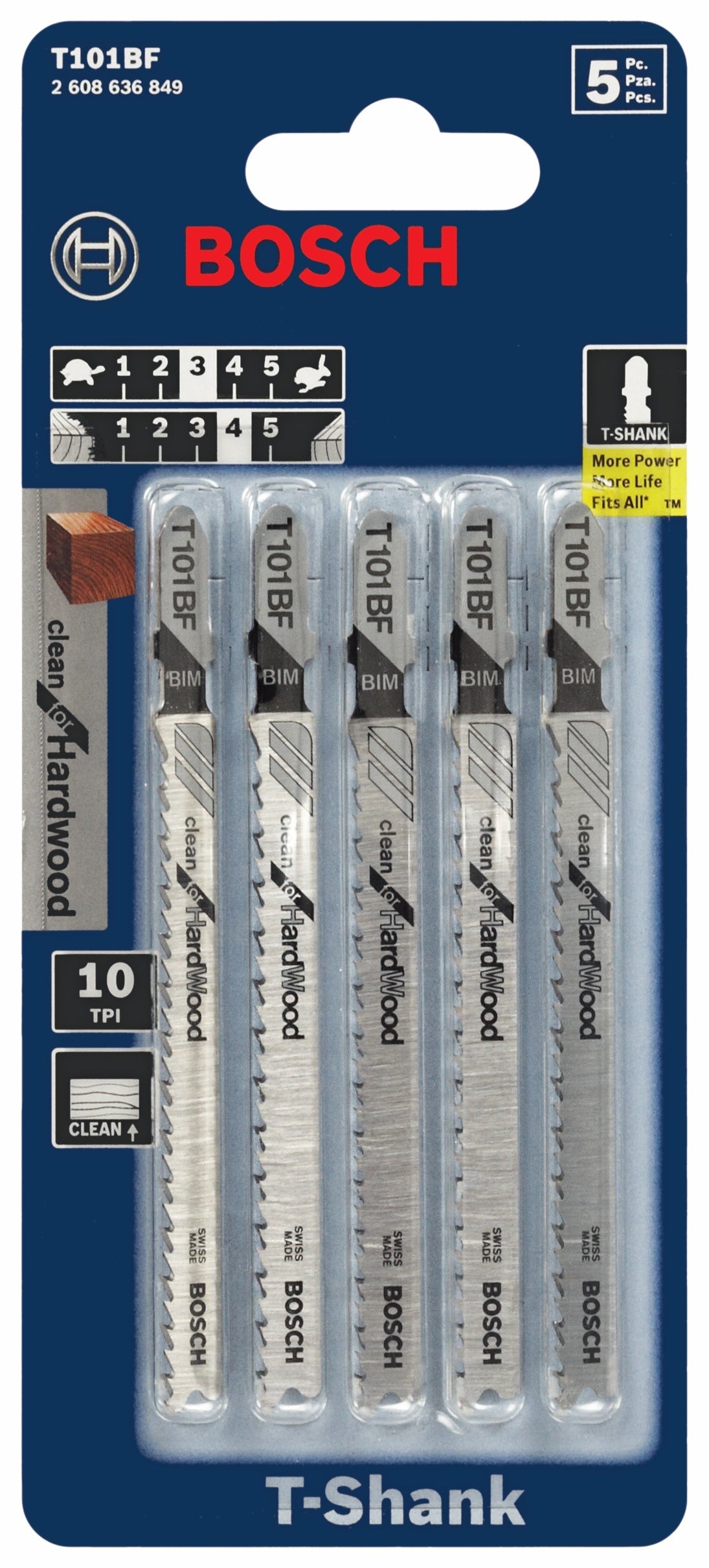 Hojas de sierra caladora BOSCH T101BF de 5 piezas, 4 pulg., 10 dientes por pulgada, paso variable, para madera dura, con vástago en T