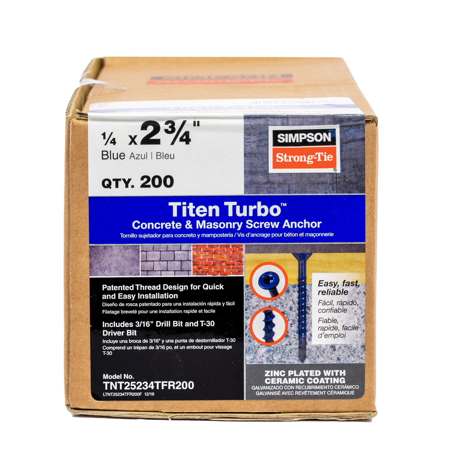 Simpson Strong-Tie TNT25234TF Titen Turbo™ — 1/4 in. x 2-3/4 in. 6-Lobe Flat-Head Concrete and Masonry Screw, Blue (100-Qty) (Pack of 420)